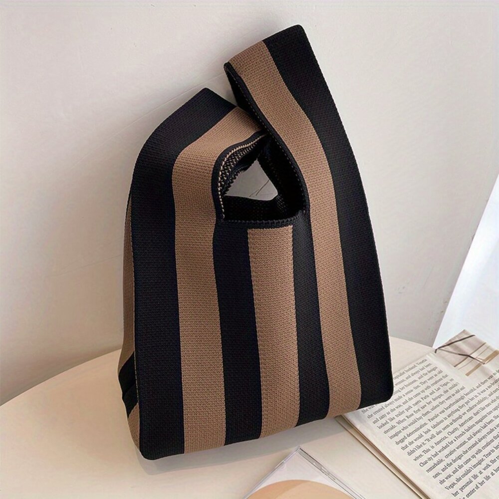 Knitted Tote Bag, Striped Pattern Crochet Bag, Casual Handbag & Wrist Purse - Picture 4 of 4